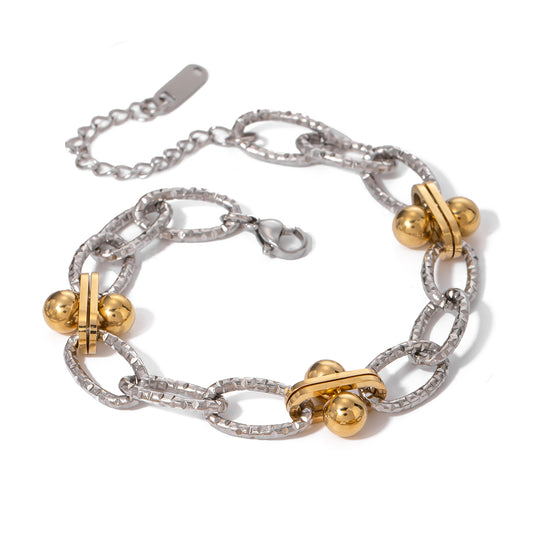 18K Gold Stainless Steel Gold and Silver Dual Tone Handmade Bead Chain Bracelet 18.5+5cm