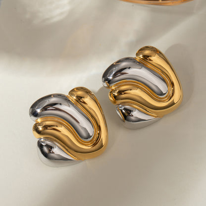 18K Gold Stainless Steel Dual Tone Irregular Concave Earrings