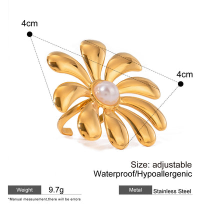 18K Gold Stainless Steel Pearl Sunflower Plastic Pearl Open Ring