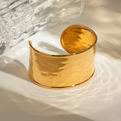 18K Gold Stainless Steel Wide Hammered Open Bangle