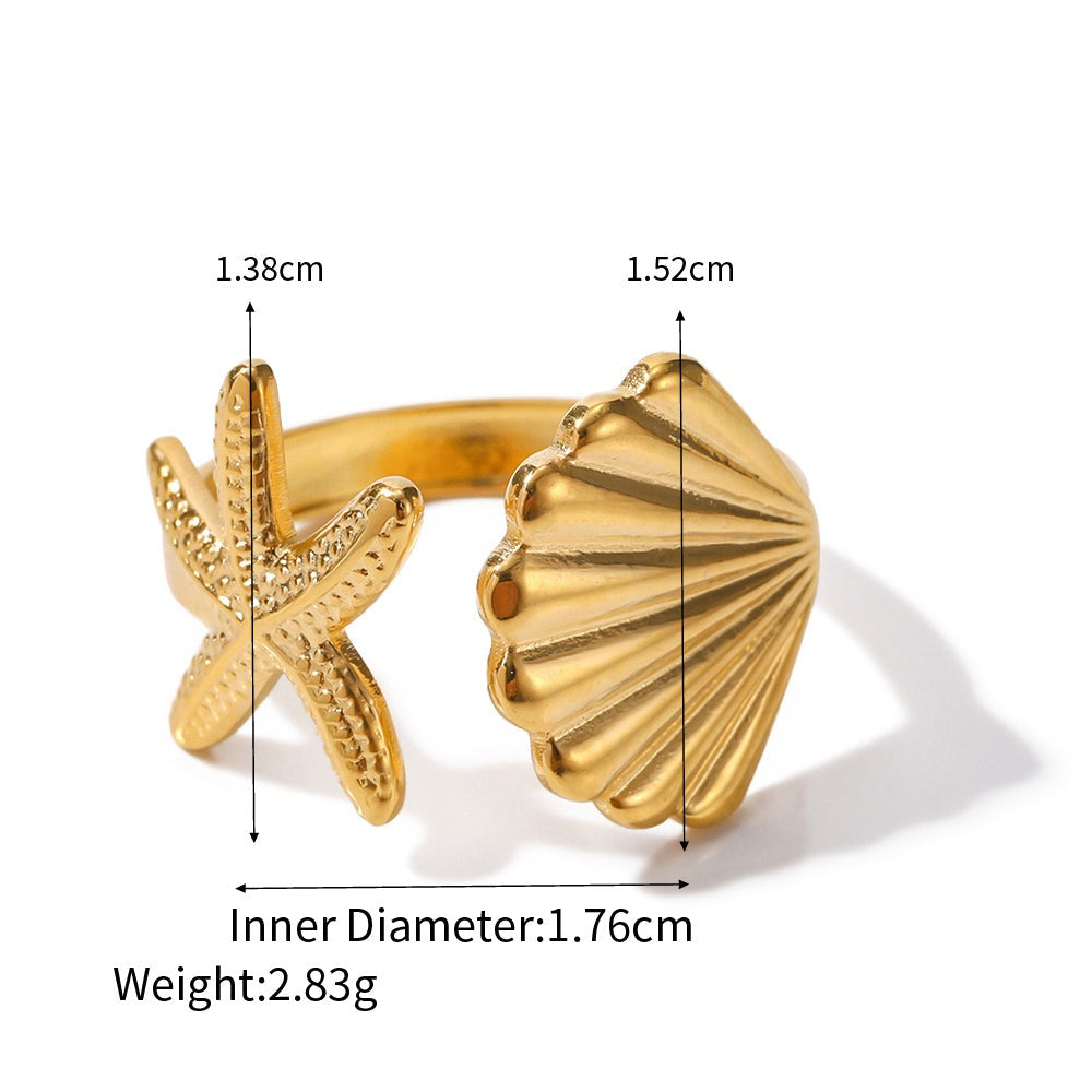 18K Gold Stainless Steel Starfish Shell Ring