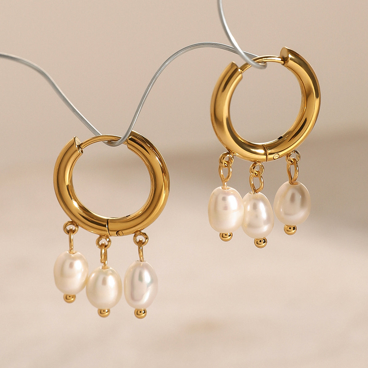 18k Gold Stainless Steel with Freshwater Pearls Hoop Earrings with Three White Freshwater Pearls