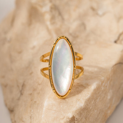 18k Gold Stainless Steel Natural Iridescent White Mother-of-Pearl Oval Luxury Ring