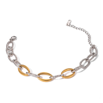 18K Gold Stainless Steel Gold and Silver Dual Tone Hammered Thick Chain Bracelet 17+5cm