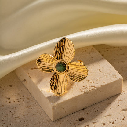 Four-Petal Flower Ring with Inlaid African Turquoise