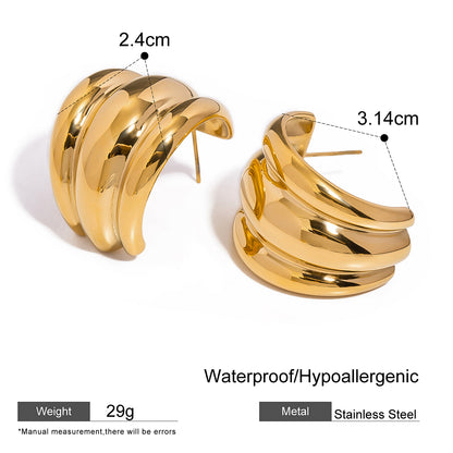 18k Gold Stainless Steel Three-Layer Grooved Polished Earrings