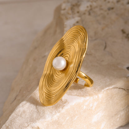 18k Gold Stainless Steel Oval Pearl-Inspired Open Ring