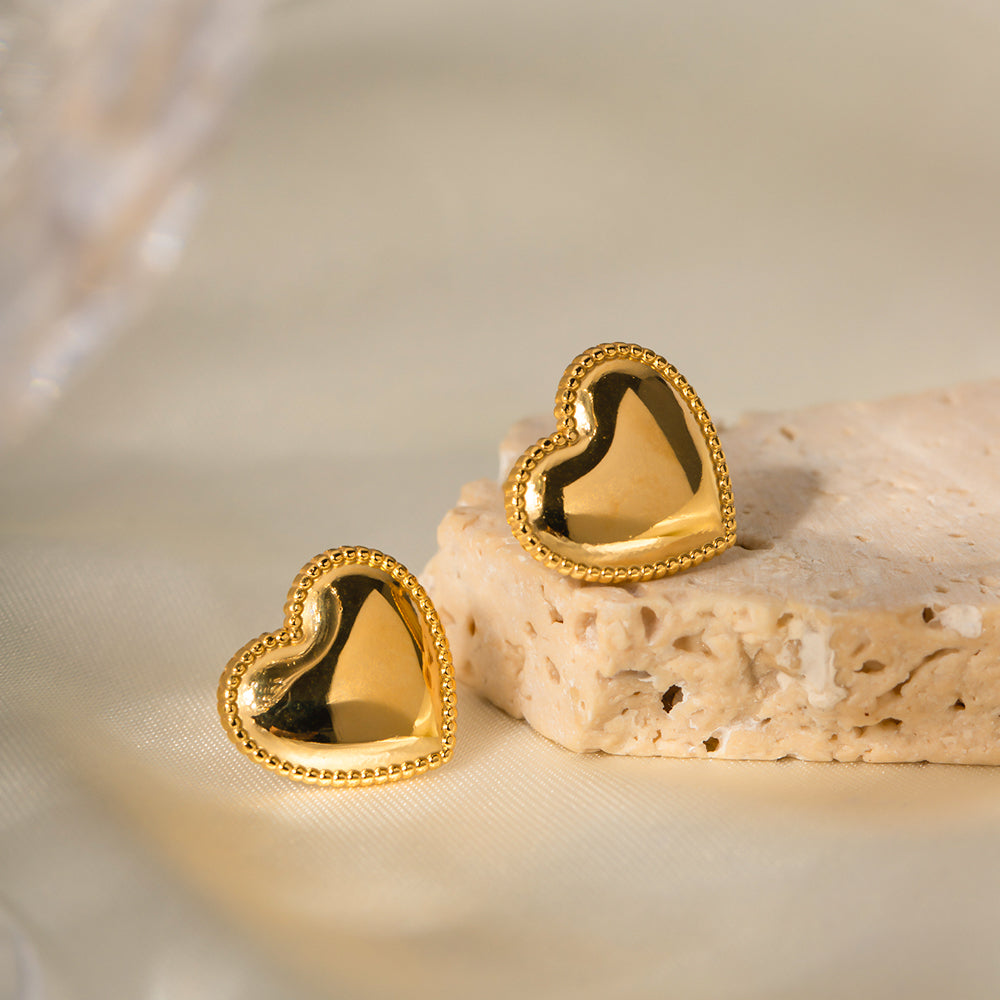 18K Gold Stainless Steel Bordered Heart Stud Earrings