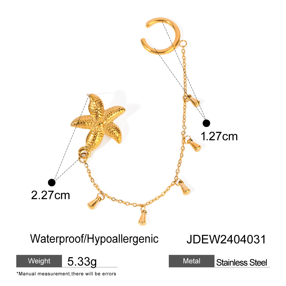 18K Gold Stainless Steel Starfish and Water Drop Ear Cuff 10cm（1PC）