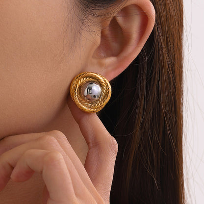 18K Gold Stainless Steel Threaded Texture Circular Earrings