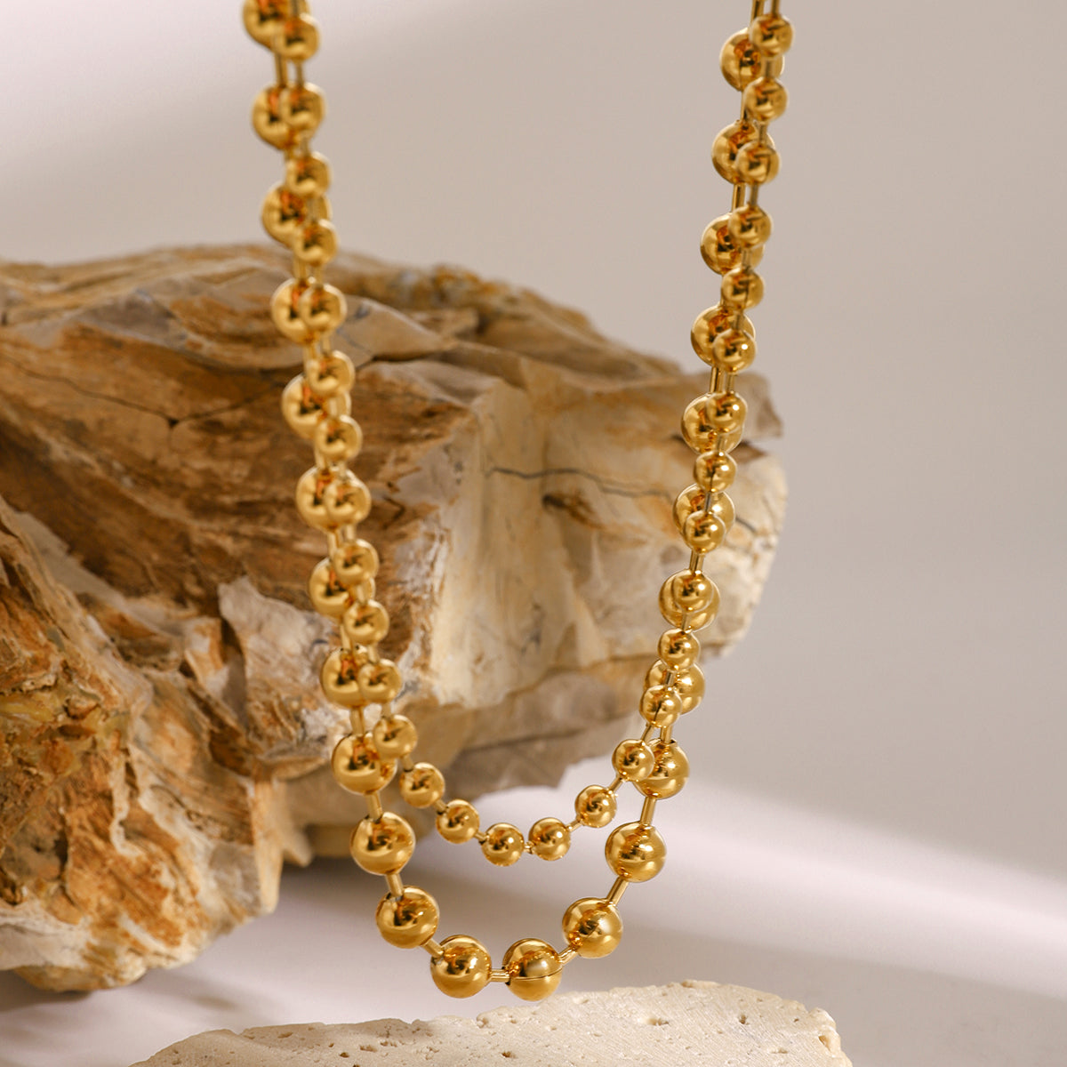 18k Gold Stainless Steel Double-Layer Necklace with Steel Beads