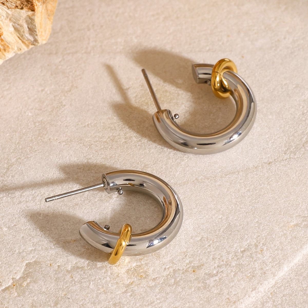 18k Gold Stainless Steel Steel & Gold Tone Minimalist C-Shaped Earrings with Gold Hoop Charm