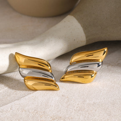 18K Gold Stainless Steel Wing-Shaped Earrings in Dual-Tone Gold and Silver