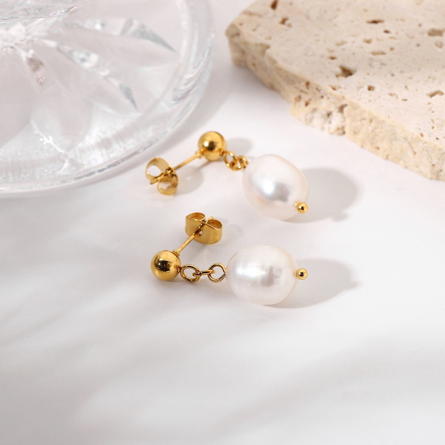 18k Gold Stainless Steel Large Pearl Pendant Earrings