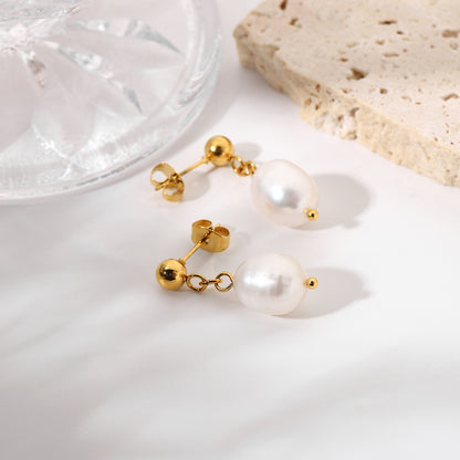 18k Gold Stainless Steel Large Pearl Pendant Earrings