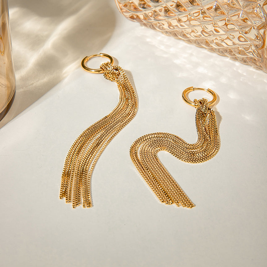 18k Gold Stainless Steel Snake Chain Knot and Tassel Earrings