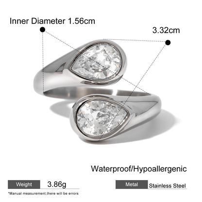 18K Gold / Silver Stainless Steel Zircon Asymmetric Open Waterdrop Zircon Ring