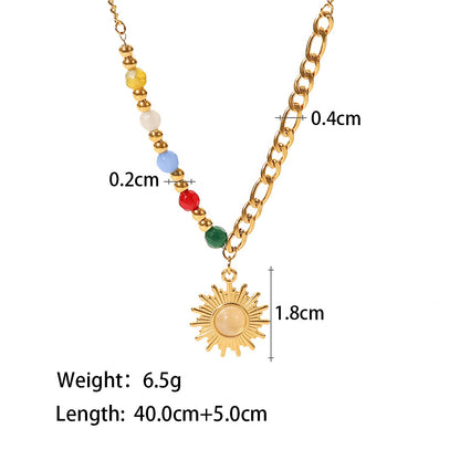 18k Gold Natural Stone Cat's Eye Sun Pendant Color Stone Necklace