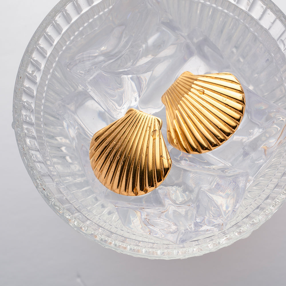 18K Gold Stainless Steel Shell Textured Stud Earrings