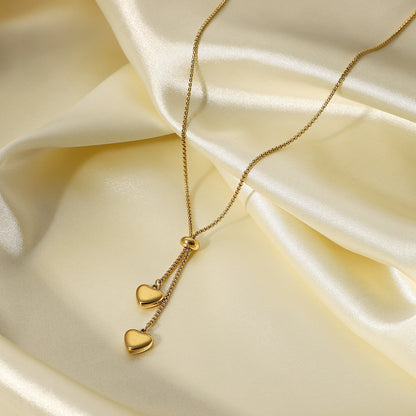 14K Gold Y-Shaped Rope Chain Necklace with Two Heart Pendants