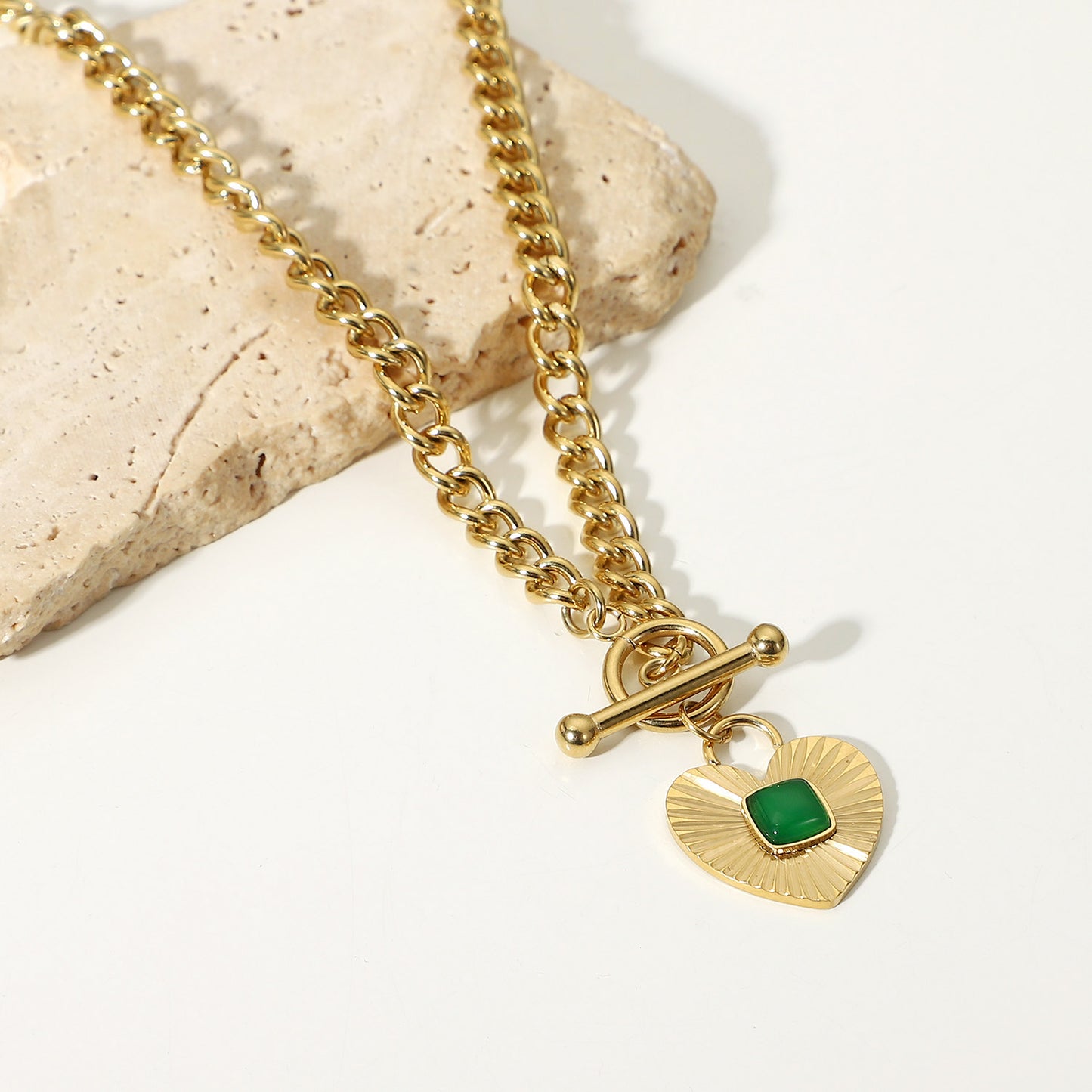 18k Stainless Steel Heart-Shaped Pendant with Green Agate OT Clasp Cuban Chain Necklace