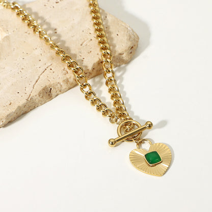 18k Stainless Steel Heart-Shaped Pendant with Green Agate OT Clasp Cuban Chain Necklace