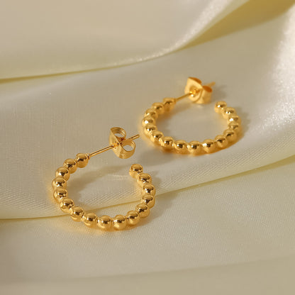 Small Gold Bead Round C-Shaped Hoop Earrings