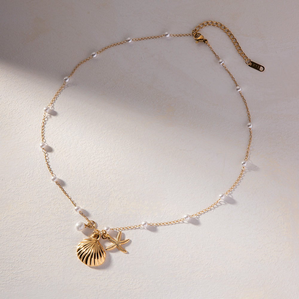 18K Gold Stainless Steel Necklace with Pearl, Starfish and Shell Pendants