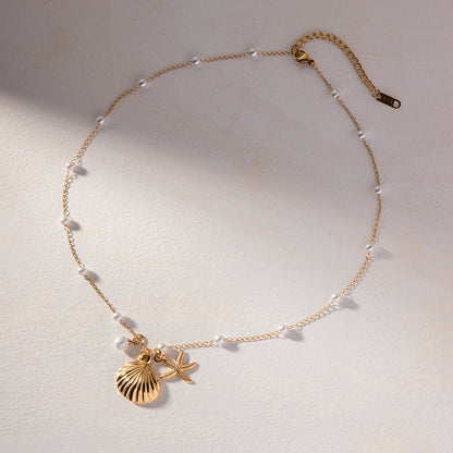 18K Gold Stainless Steel Necklace with Pearl, Starfish and Shell Pendants