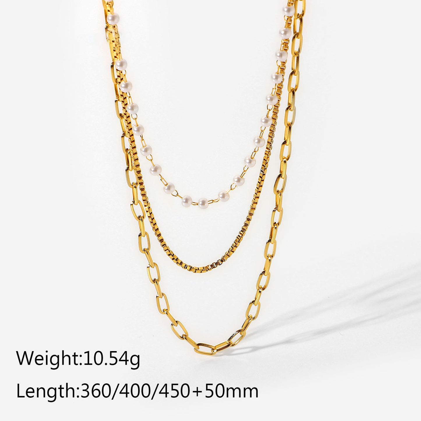 18k Stainless Steel Small Pearl Lock Chain Triple-Layer Necklace