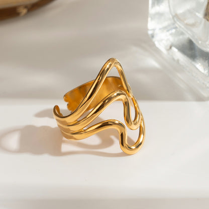 18k Gold Stainless Steel Wavy Irregular Hollow Open Ring