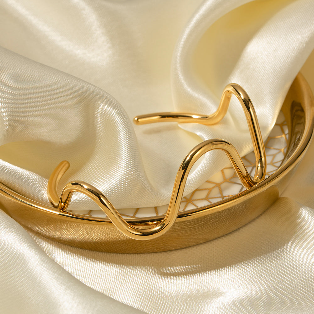 18k Gold Stainless Steel Wave Line Open Cuff Bracelet