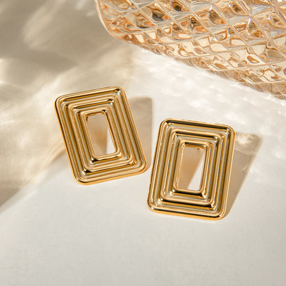 18k Gold Stainless Steel Rectangular Hollow Swirling Pattern Earrings