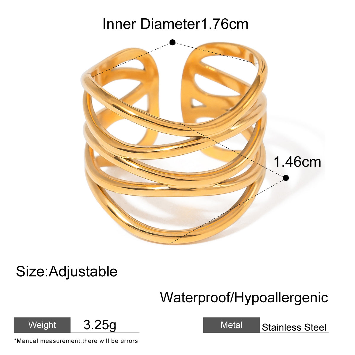 18k Gold Stainless Steel Multi-Layered Hollow Open Ring