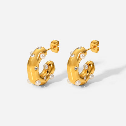 18K Gold Stainless Steel Irregular Hammered Earrings with Cubic Zirconia Inlaid C-shaped Ear Cuffs