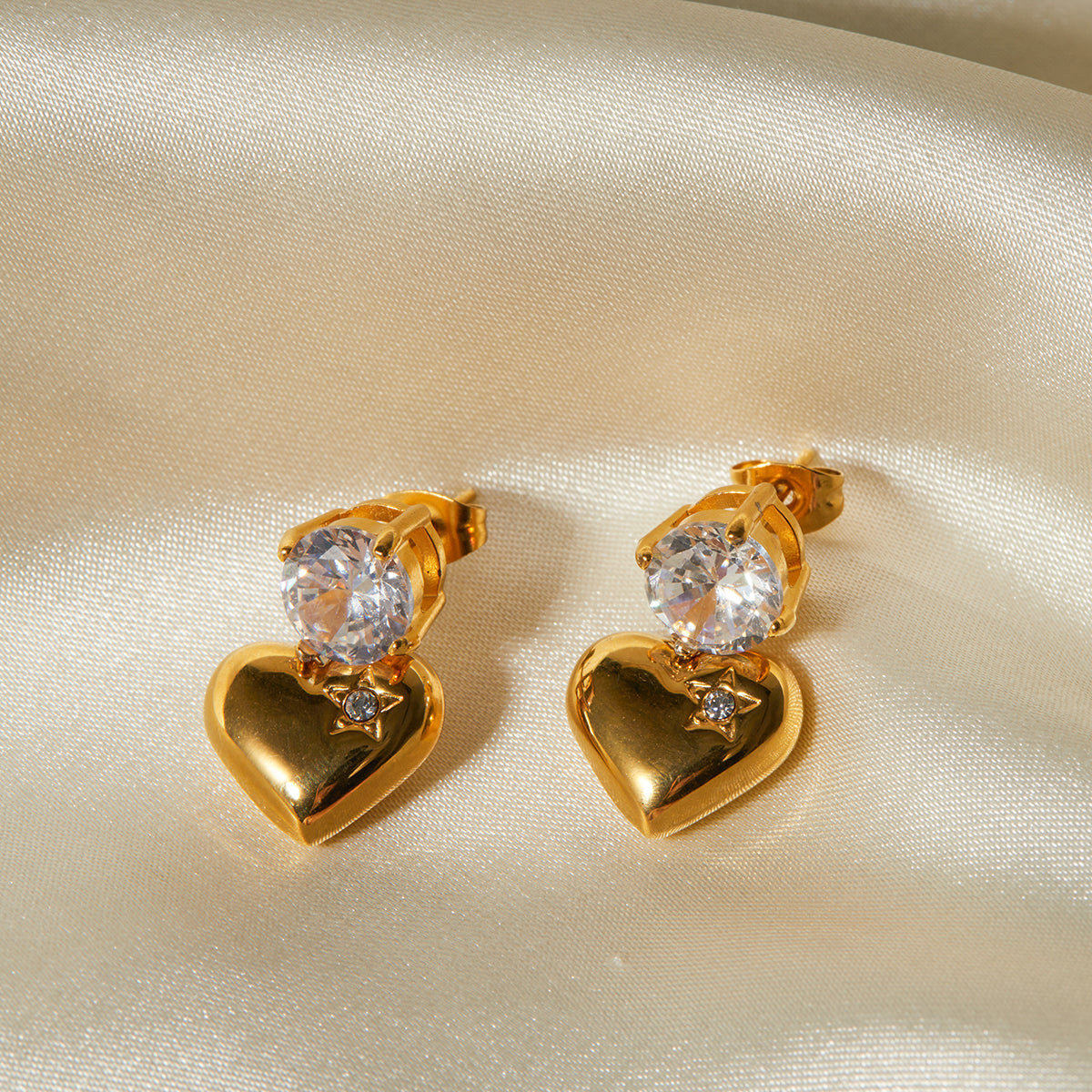 18K Gold Stainless Steel Heart Pendant Earrings with Cubic Zirconia