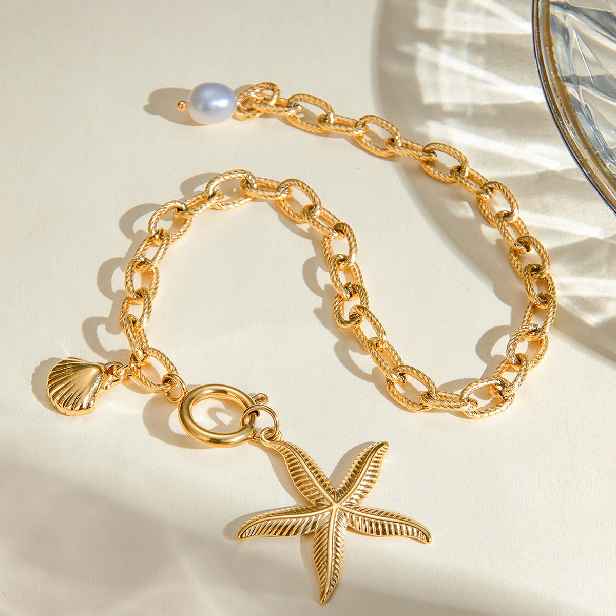 18K Gold Stainless Steel Starfish, Shell, and Natural Freshwater Pearl Bracelet 23cm