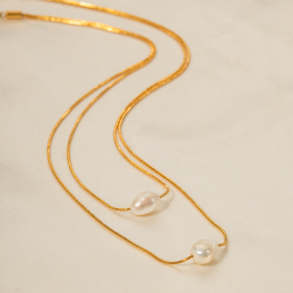 18k Gold Stainless Steel with Freshwater Pearl Double Layer Necklace