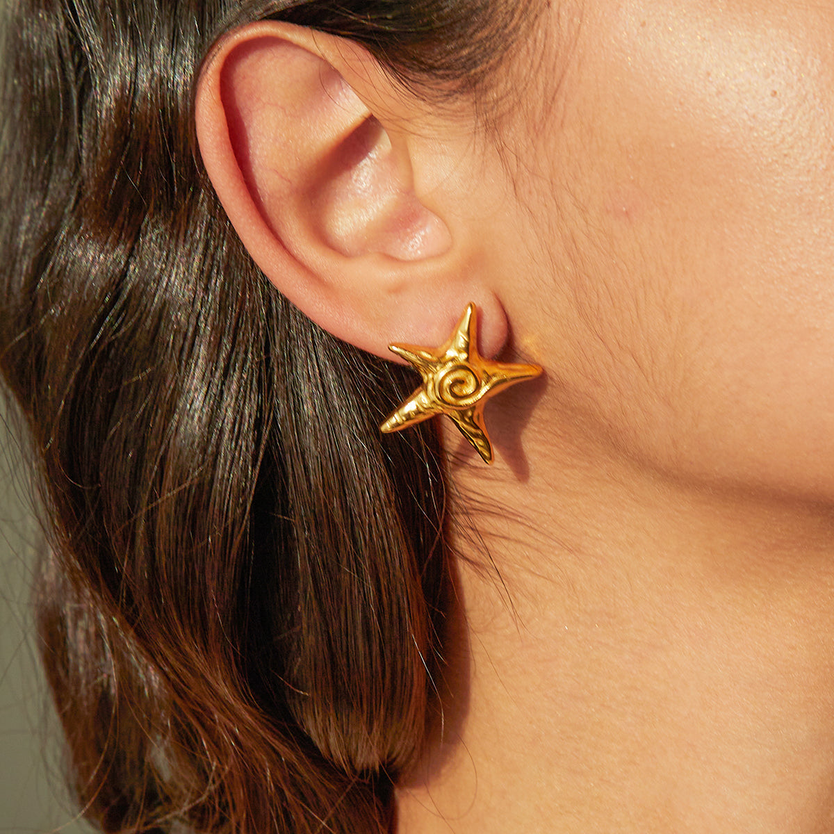 18K Gold Stainless Steel Starfish Swirl Textured Stud Earrings