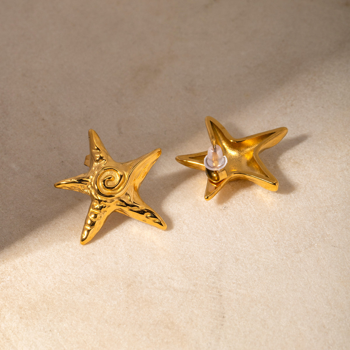 18K Gold Stainless Steel Starfish Swirl Textured Stud Earrings