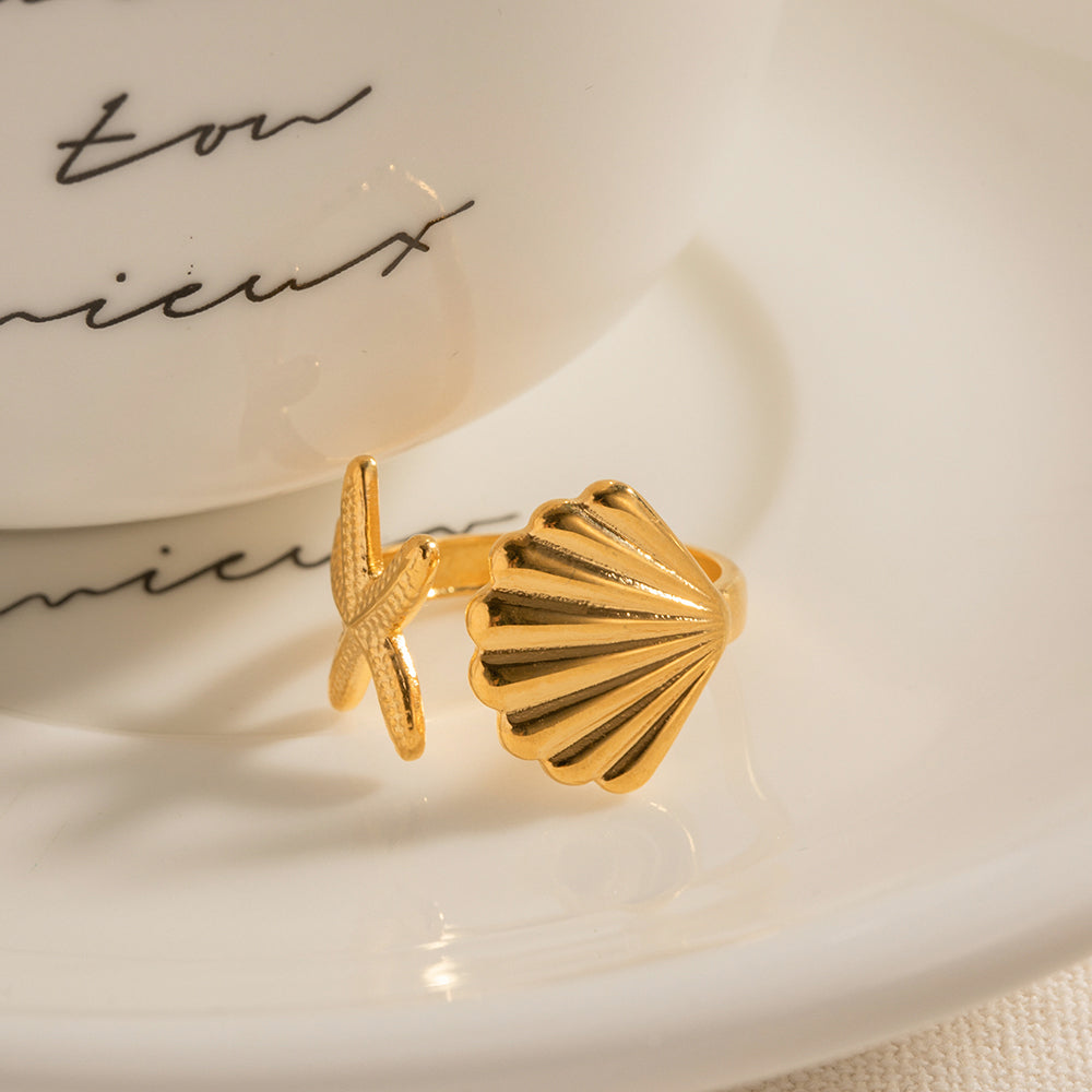 18K Gold Stainless Steel Starfish Shell Ring