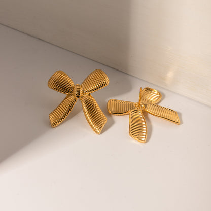 18K Gold Stainless Steel Striped Bow Knot Earrings