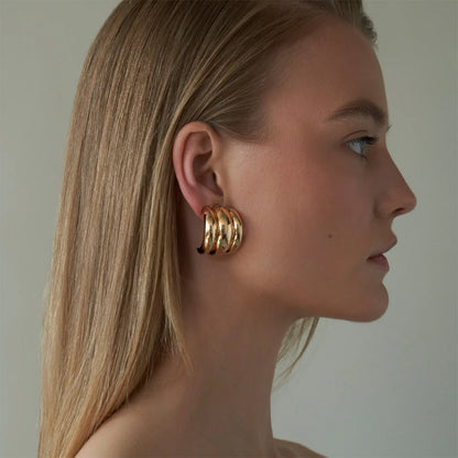 18k Gold Stainless Steel Three-Layer Grooved Polished Earrings