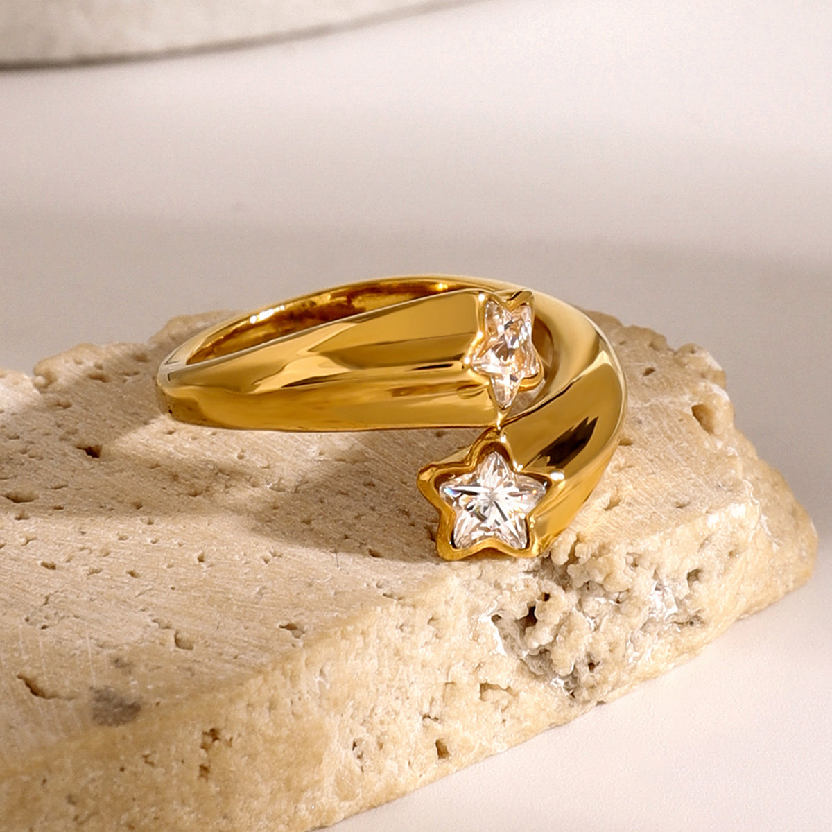 18k Gold Stainless Steel Asymmetric Open Ring with Zircon Star