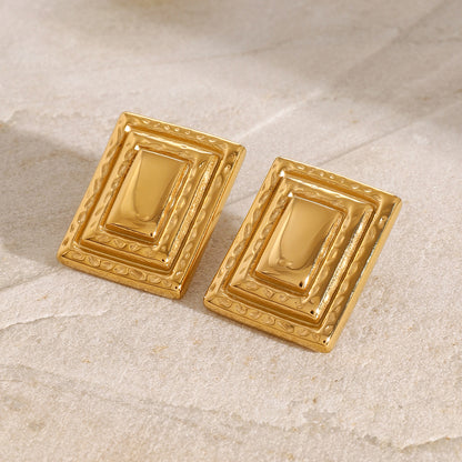 18k Gold Stainless Steel Vintage Rectangular Three-Layer Earrings