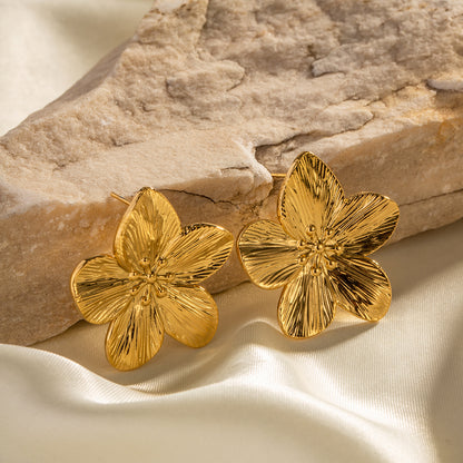 Matte Vintage Gold Stainless Steel Flower Metal Stud Earrings