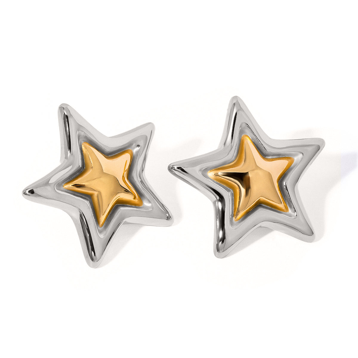 Gold Stainless Steel Two-Tone Convex Five-Pointed Star Earrings