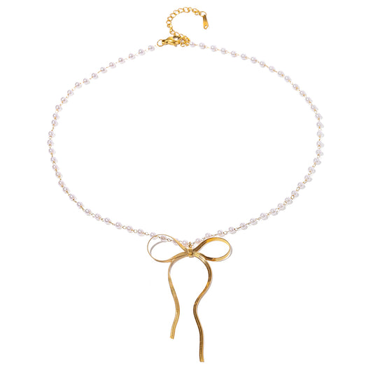 18k Gold Stainless Steel Pearl Bow Pendant Necklace