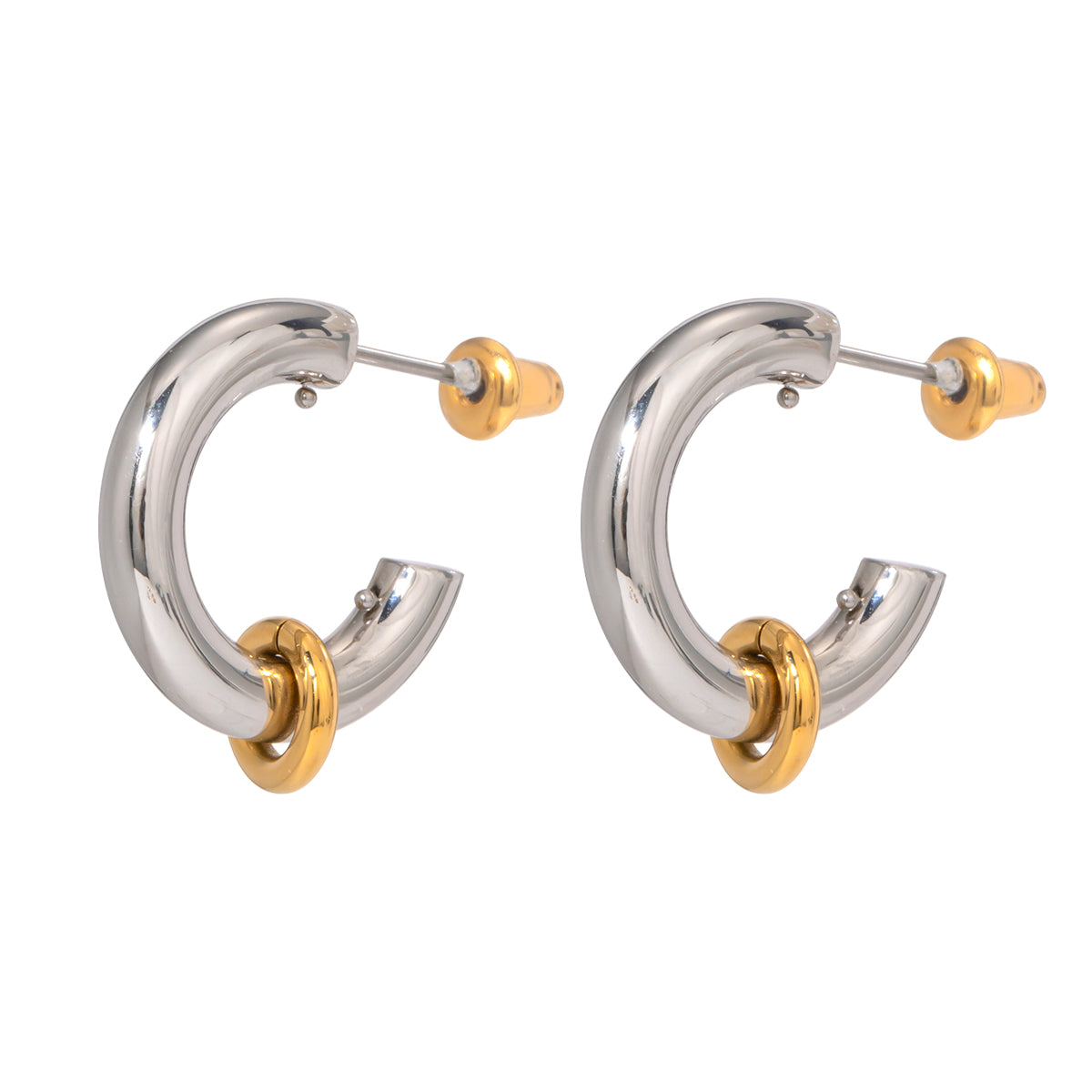 18k Gold Stainless Steel Steel & Gold Tone Minimalist C-Shaped Earrings with Gold Hoop Charm