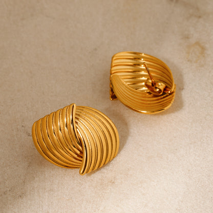 18K Gold Stainless Steel Striped Textured Interlocking Stud Earrings